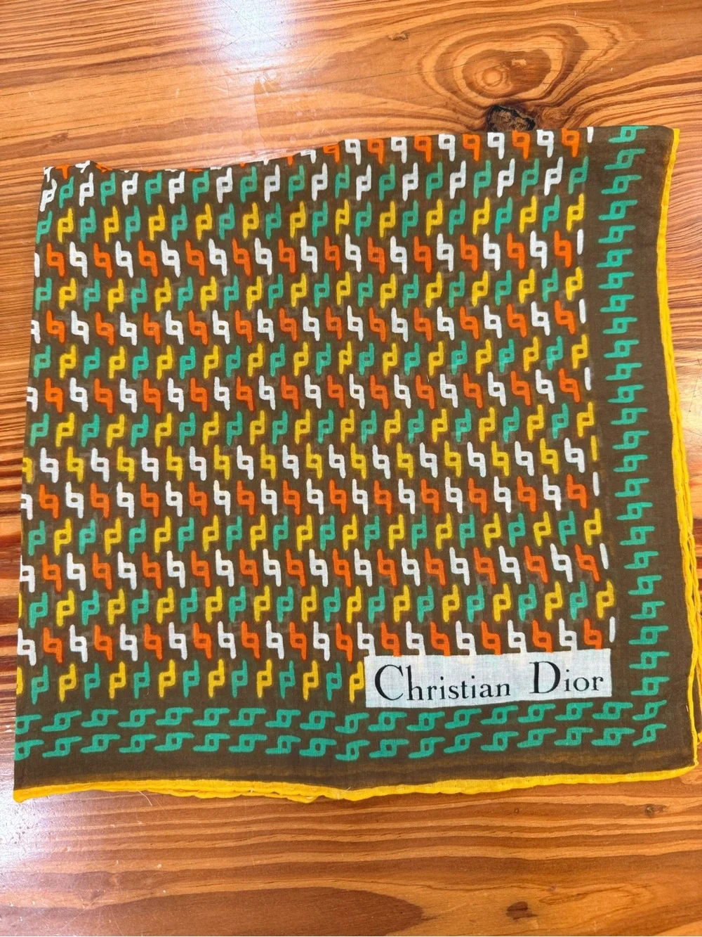Vintage Christian Dior Multicolor Logo Scarf/pocket square - Brown Base